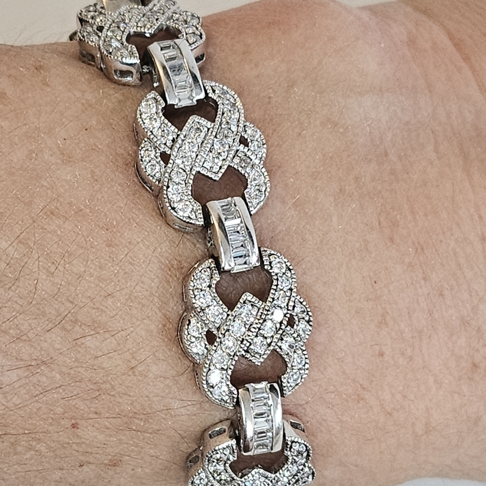 Sterling Silver Link BRACELET Art Deco Style Pave Crystals Marked 925